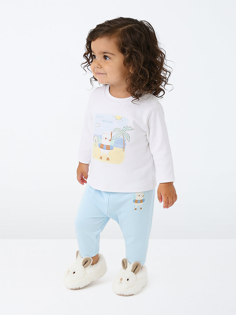 HOP Baby Girls White Printed Cotton T-Shirt and Pants Set