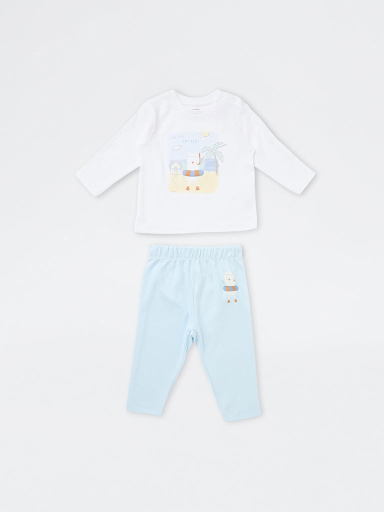 HOP Baby Girls White Printed Cotton T-Shirt and Pants Set