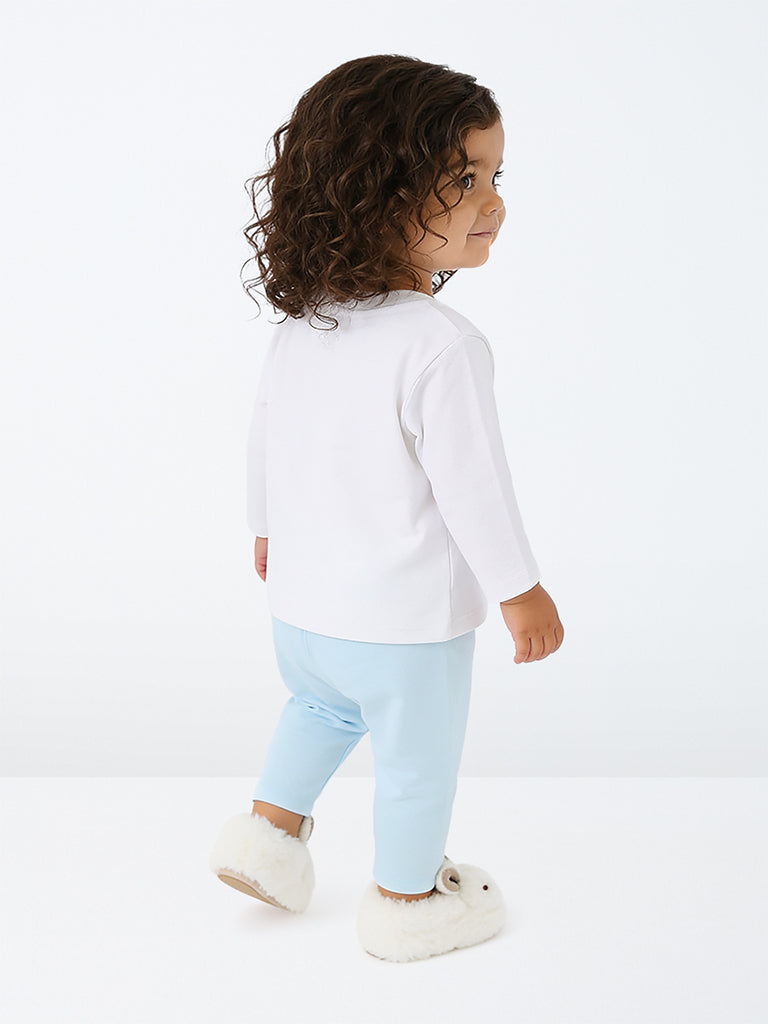 HOP Baby Girls White Printed Cotton T-Shirt and Pants Set