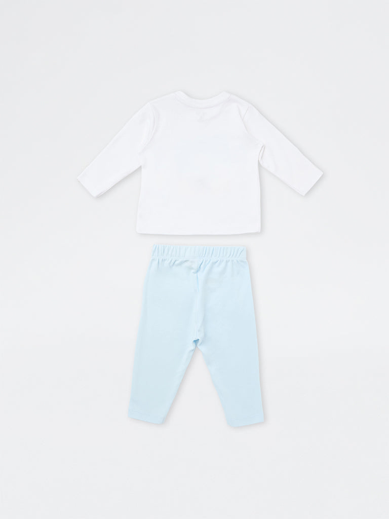 HOP Baby Girls White Printed Cotton T-Shirt and Pants Set