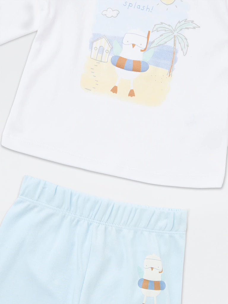 HOP Baby Girls White Printed Cotton T-Shirt and Pants Set