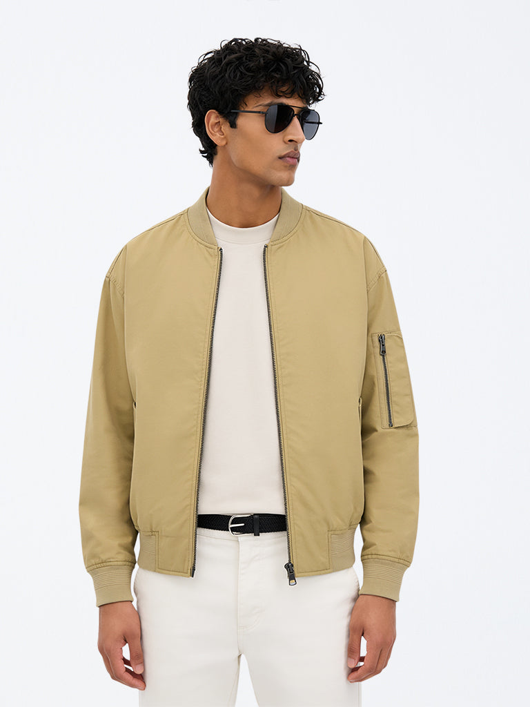 WES Casuals Beige Relaxed-Fit Bomber Jacket
