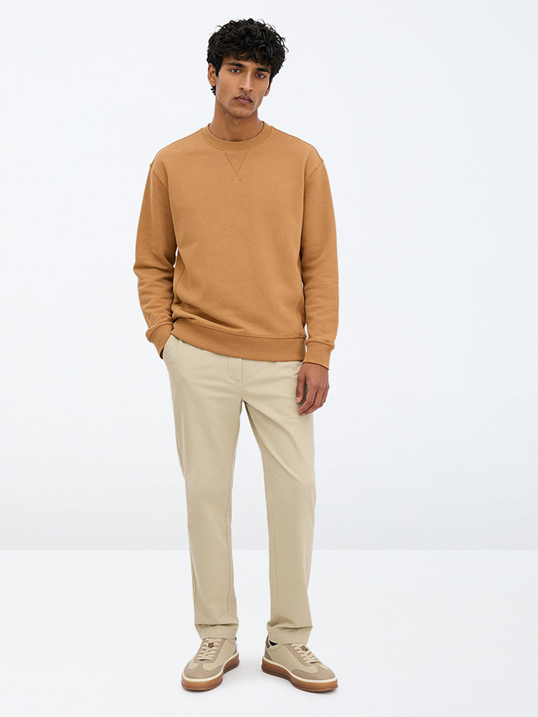 WES Casuals Beige Relaxed-Fit Mid-Rise Cotton-Blend Trousers