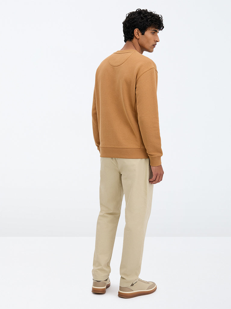 WES Casuals Beige Relaxed-Fit Mid-Rise Cotton-Blend Trousers