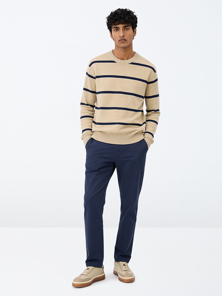 WES Casuals Navy Slim-Fit Mid-Rise Cotton-Blend Trousers