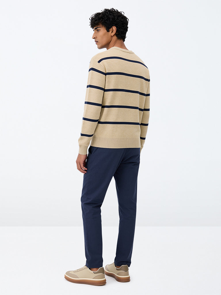 WES Casuals Navy Slim-Fit Mid-Rise Cotton-Blend Trousers