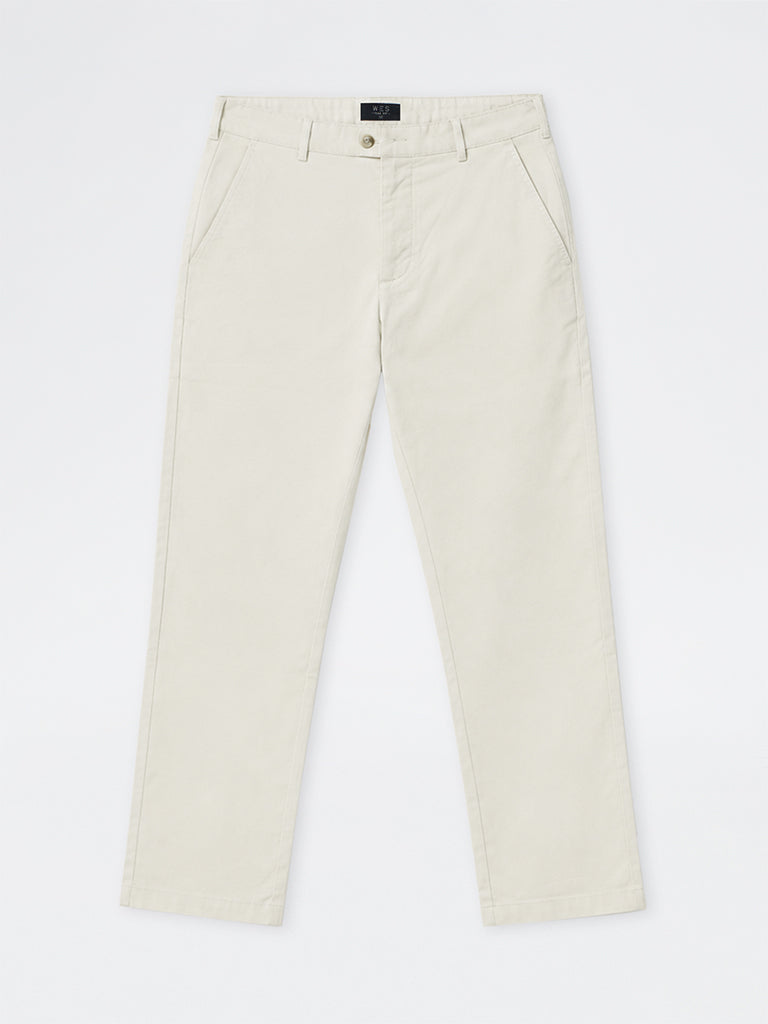WES Casuals Ivory Slim-Fit Mid-Rise Cotton-Blend Trousers