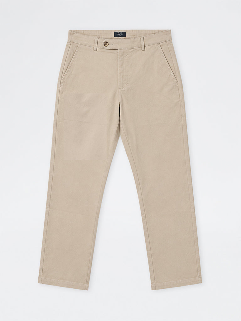 WES Casuals Taupe Slim-Fit Mid-Rise Cotton-Blend Trousers
