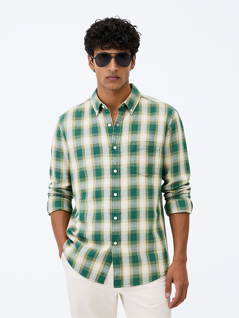 WES Casuals Green Checks Pattern Relaxed-Fit Shirt