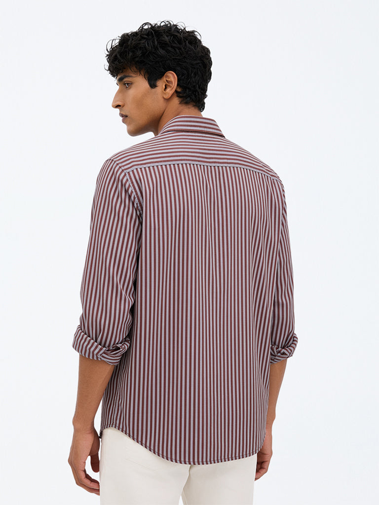 WES Casuals Brown Striped Relaxed-Fit Cotton Shirt