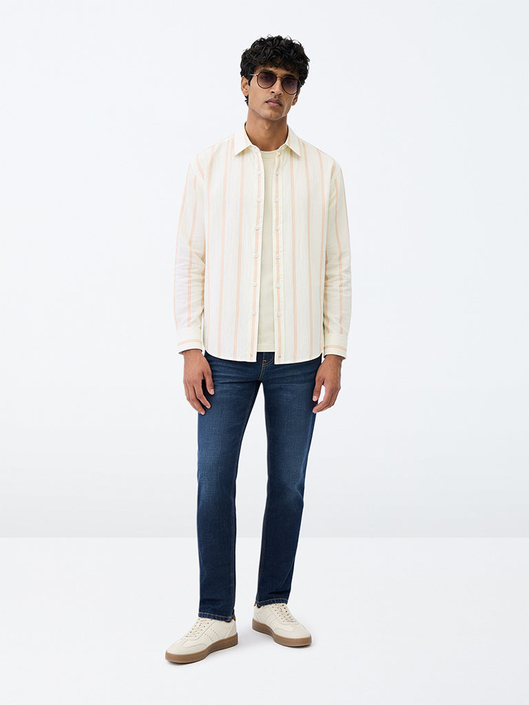 WES Casuals Ivory Striped Relaxed-Fit Cotton-Blend Shirt