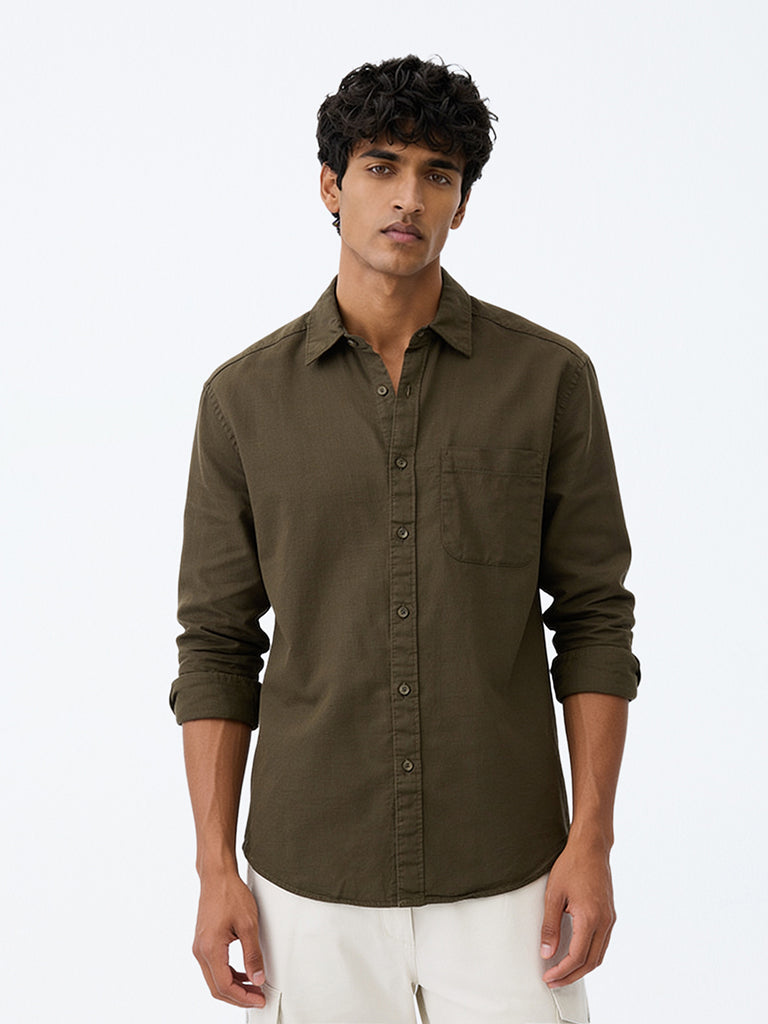 WES Casuals Dark Olive Solid Relaxed-Fit Cotton-Blend Shirt