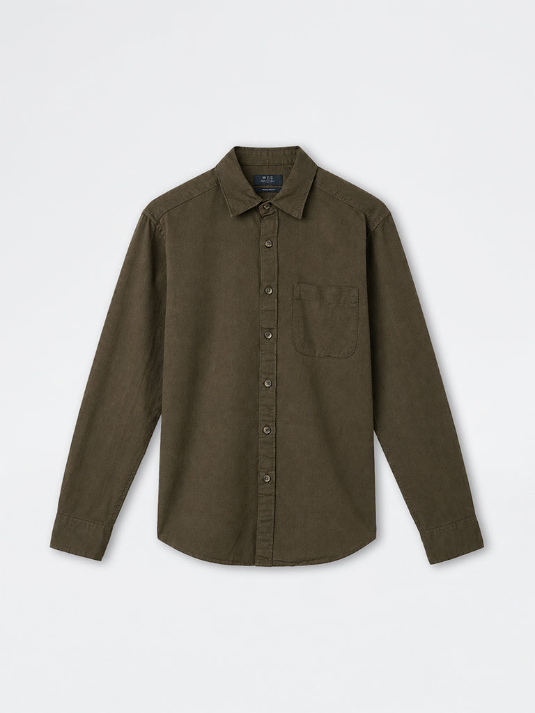 WES Casuals Dark Olive Solid Relaxed-Fit Cotton-Blend Shirt