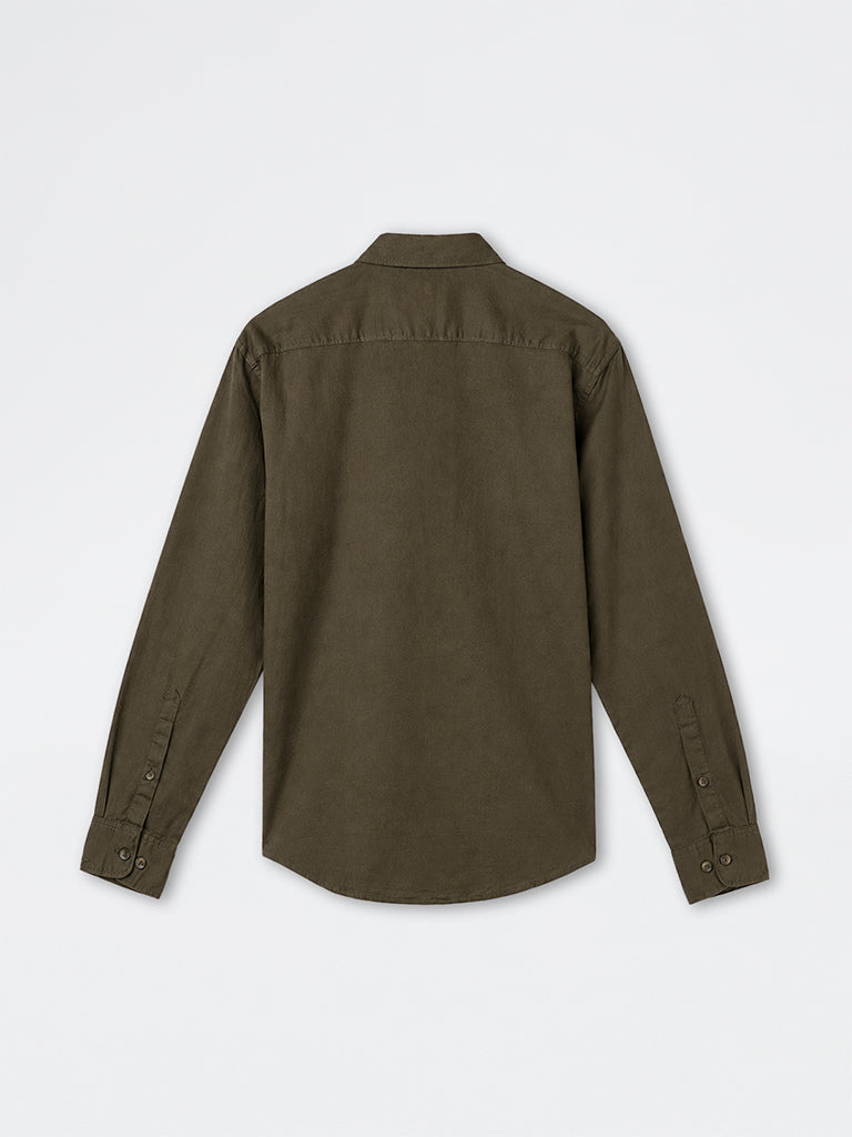 WES Casuals Dark Olive Solid Relaxed-Fit Cotton-Blend Shirt