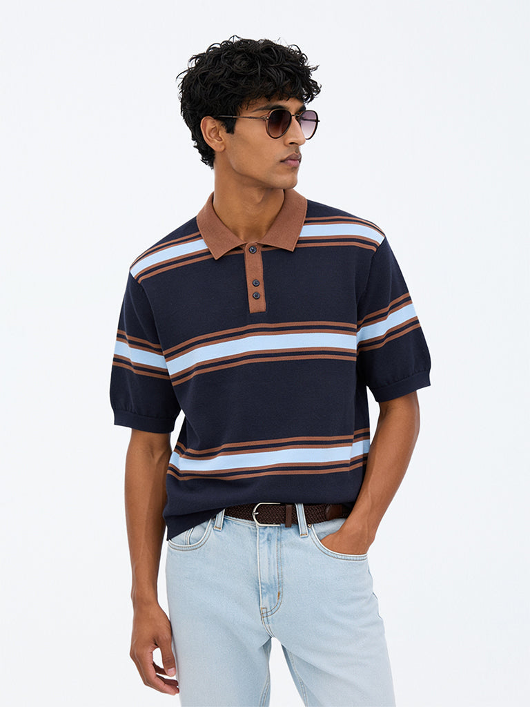 WES Casuals Navy Striped Relaxed-Fit Cotton Polo T-Shirt