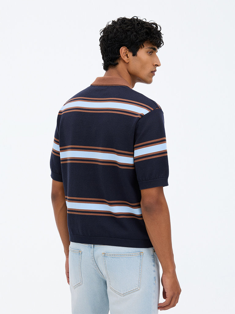WES Casuals Navy Striped Relaxed-Fit Cotton Polo T-Shirt