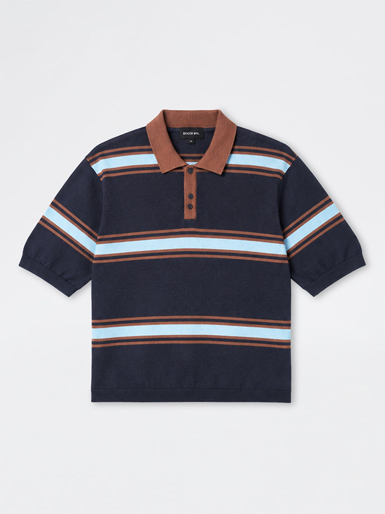 WES Casuals Navy Striped Relaxed-Fit Cotton Polo T-Shirt