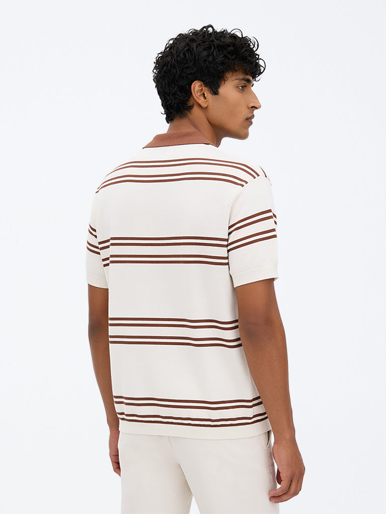 WES Casuals Off-White Striped Relaxed-Fit Cotton Polo T-Shirt
