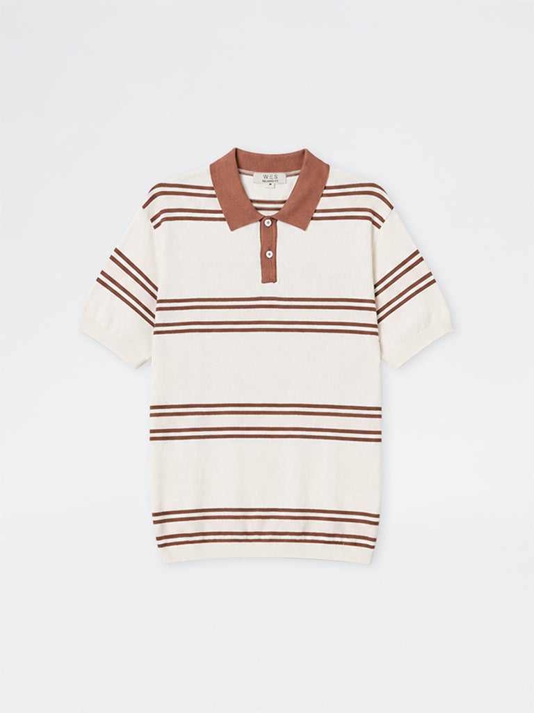 WES Casuals Off-White Striped Relaxed-Fit Cotton Polo T-Shirt