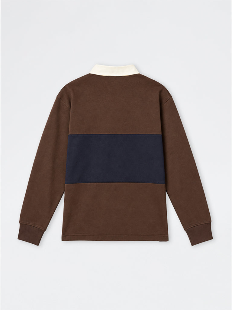 WES Casuals Brown Colour-Blocked Relaxed-Fit Cotton-Blend Polo T-Shirt