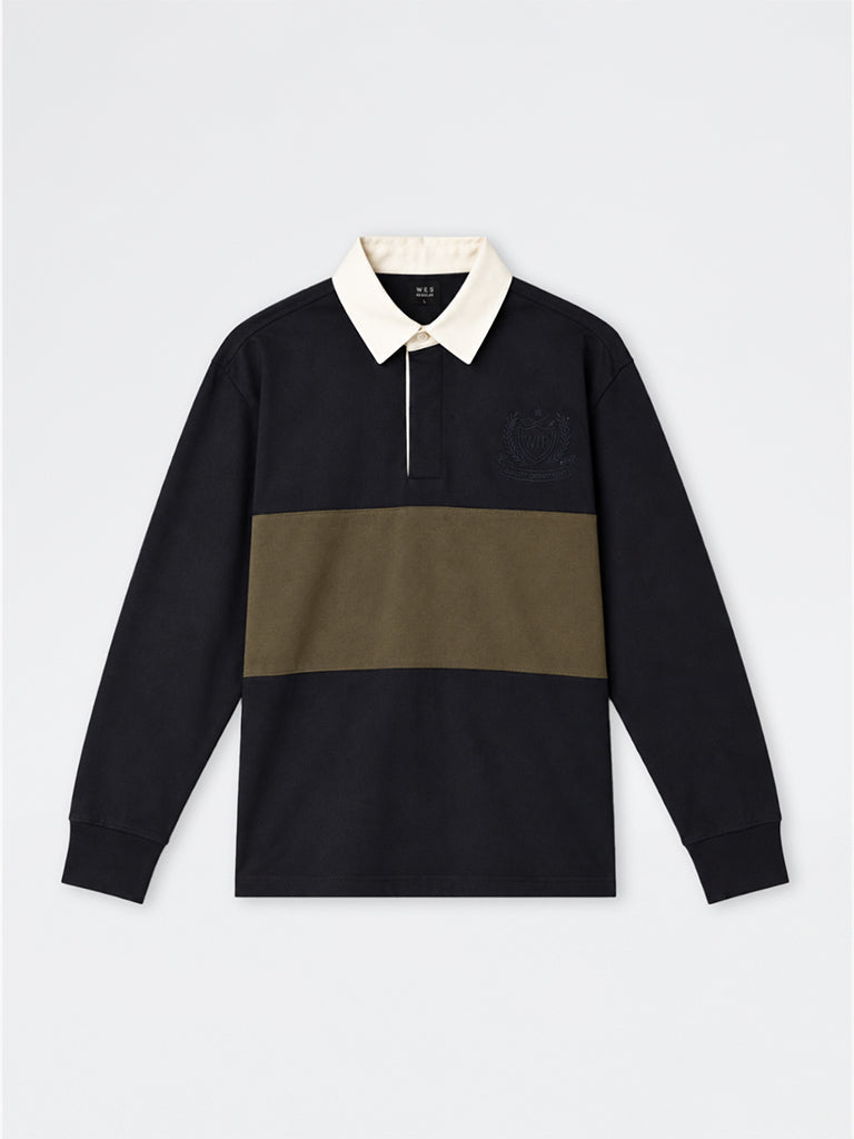 WES Casuals Navy Colour-Blocked Relaxed-Fit Cotton-Blend Polo T-Shirt