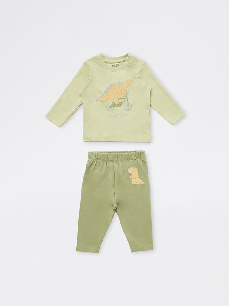 HOP Baby Boys Sage Dinosaur Design Cotton T-Shirt and Pants Set