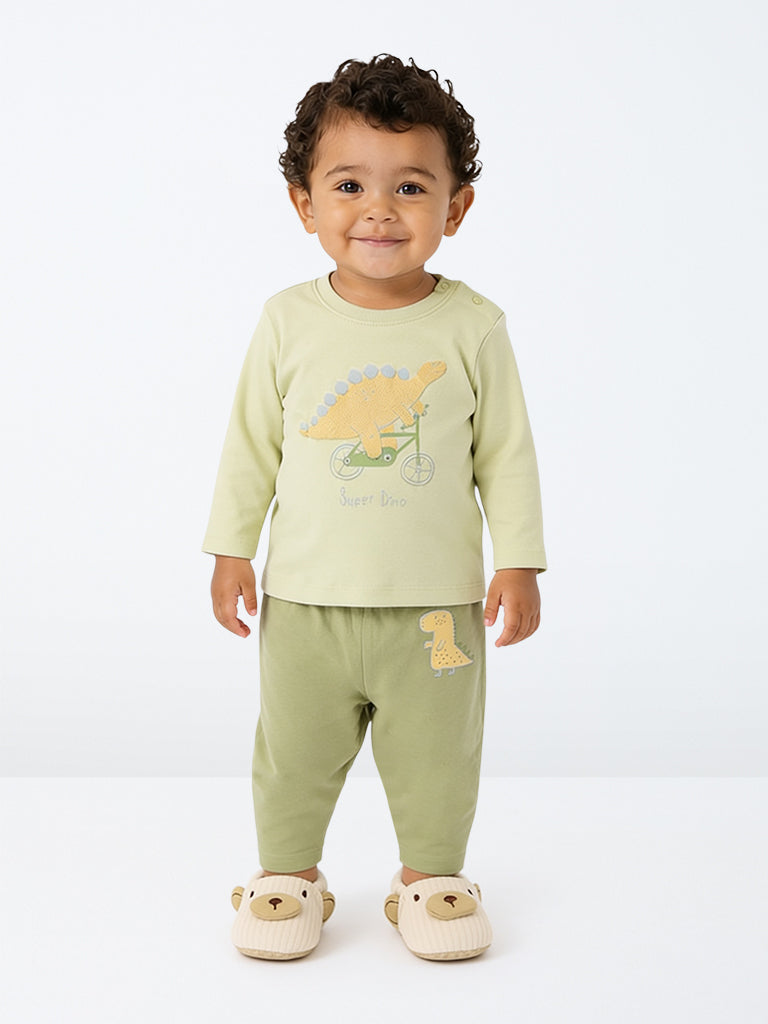 HOP Baby Boys Sage Dinosaur Design Cotton T-Shirt and Pants Set