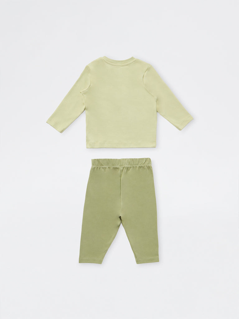 HOP Baby Boys Sage Dinosaur Design Cotton T-Shirt and Pants Set
