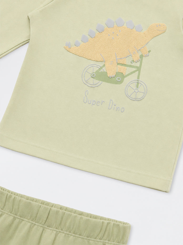HOP Baby Boys Sage Dinosaur Design Cotton T-Shirt and Pants Set