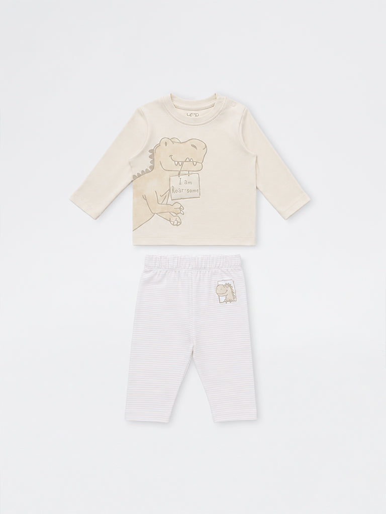 HOP Baby Boys Light Beige Dinosaur Printed Cotton T-Shirt and Pants Set