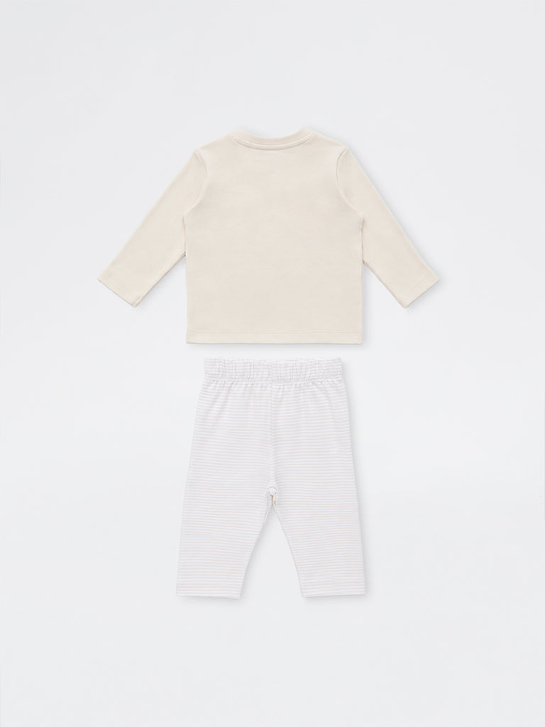 HOP Baby Boys Light Beige Dinosaur Printed Cotton T-Shirt and Pants Set
