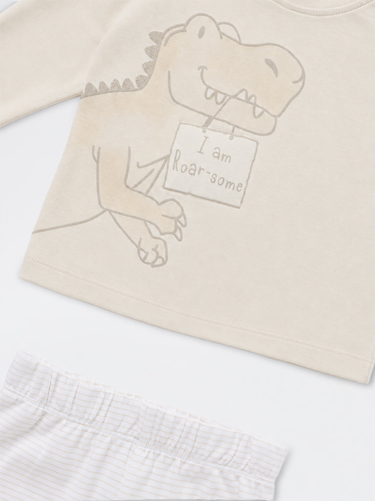 HOP Baby Boys Light Beige Dinosaur Printed Cotton T-Shirt and Pants Set