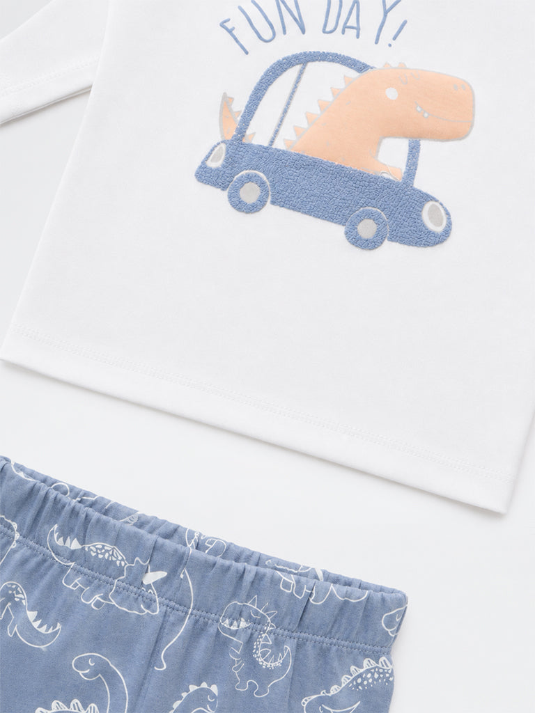 HOP Baby Boys White Dinosaur Printed Cotton T-Shirt and Pants Set