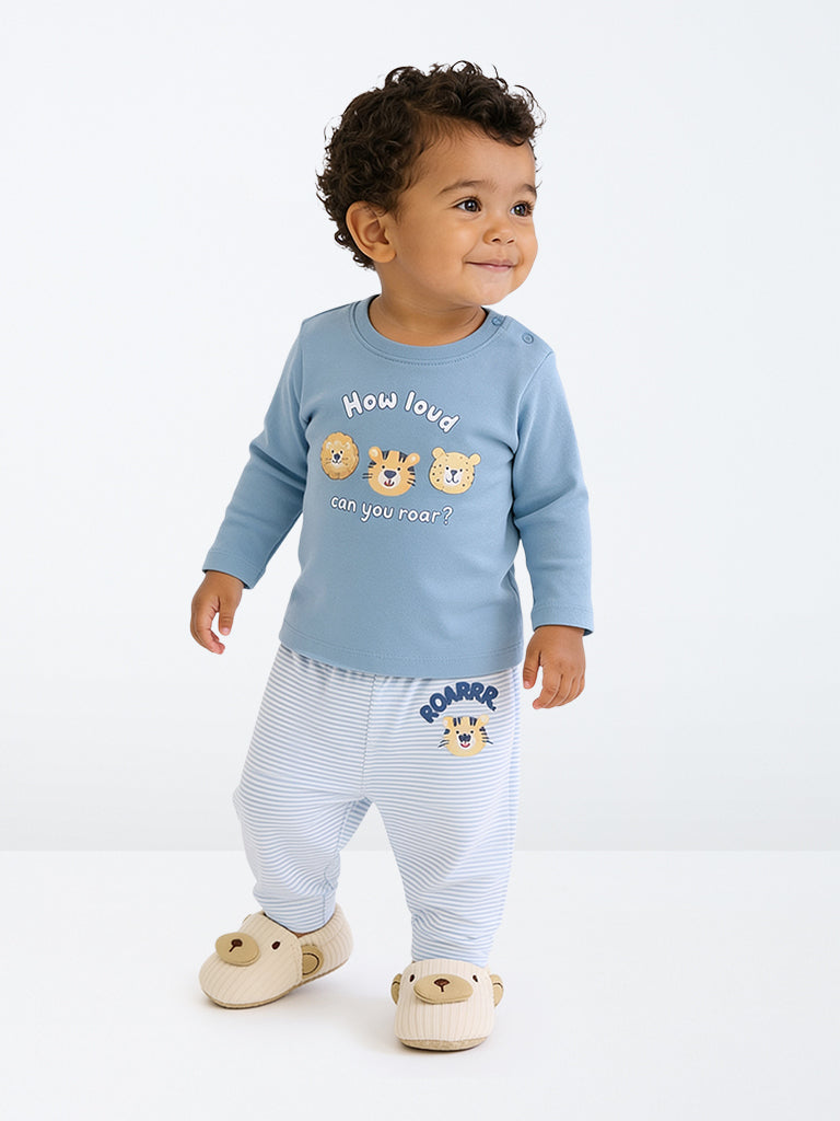 HOP Baby Boys Dusty Blue Animal Printed Cotton T-Shirt and Pants Set