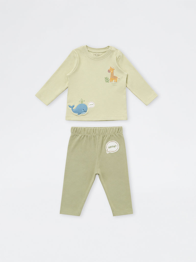 HOP Baby Boys Sage Animal Printed Cotton T-Shirt and Pants Set