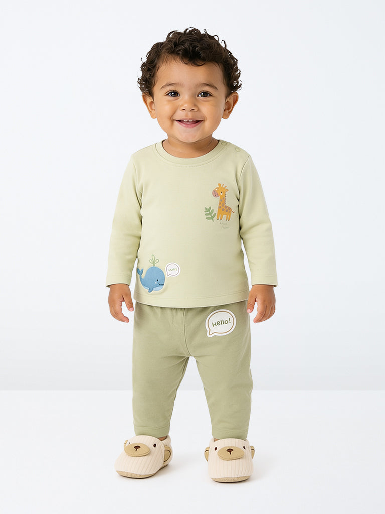 HOP Baby Boys Sage Animal Printed Cotton T-Shirt and Pants Set