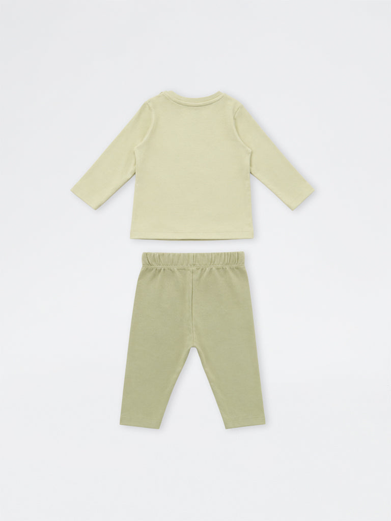 HOP Baby Boys Sage Animal Printed Cotton T-Shirt and Pants Set