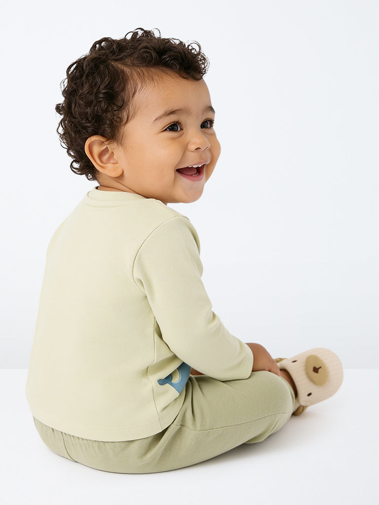 HOP Baby Boys Sage Animal Printed Cotton T-Shirt and Pants Set