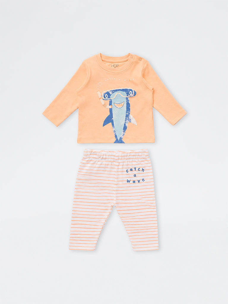 HOP Baby Boys Orange Shark Printed Cotton T-Shirt and Pants Set
