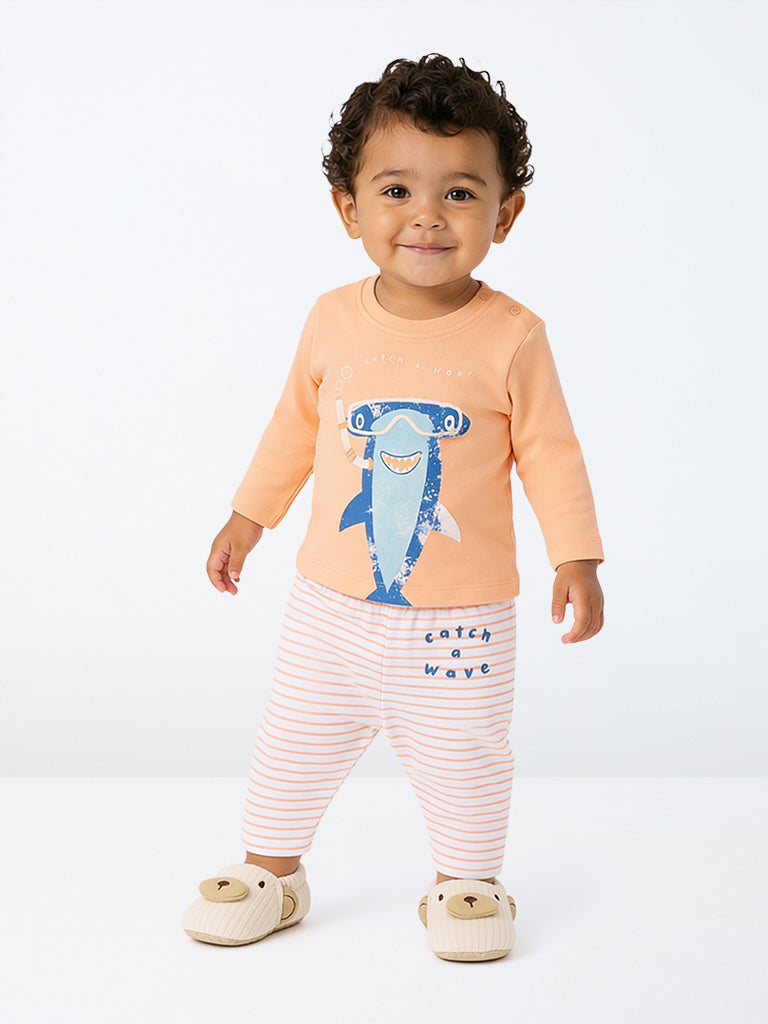 HOP Baby Boys Orange Shark Printed Cotton T-Shirt and Pants Set