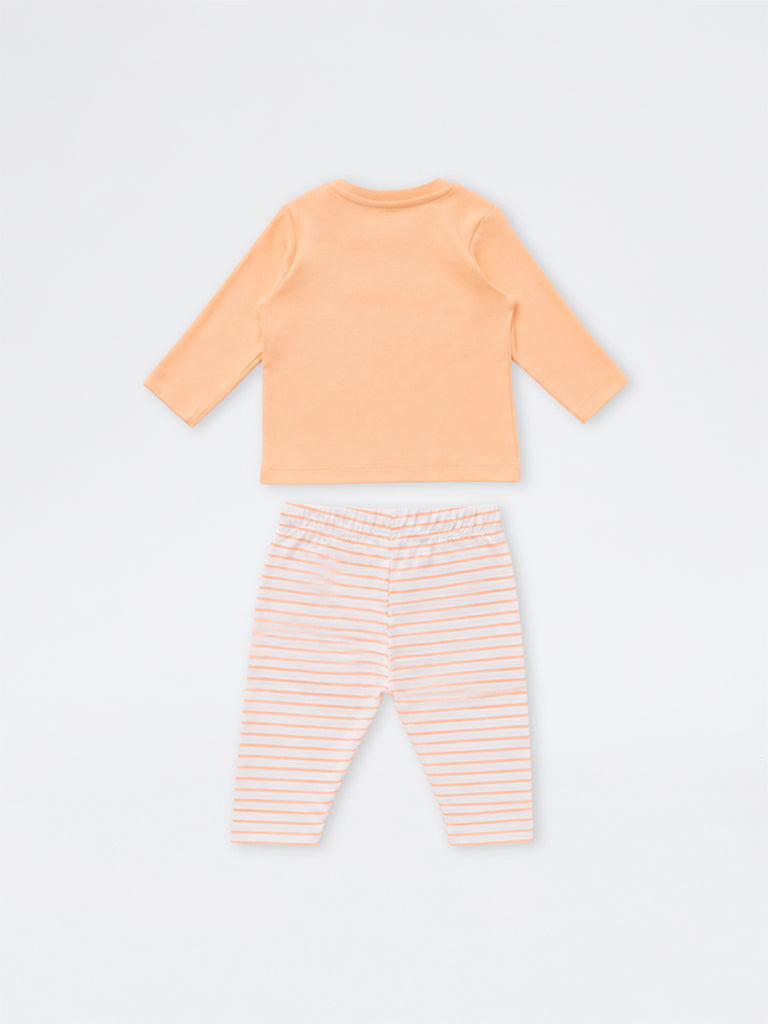 HOP Baby Boys Orange Shark Printed Cotton T-Shirt and Pants Set