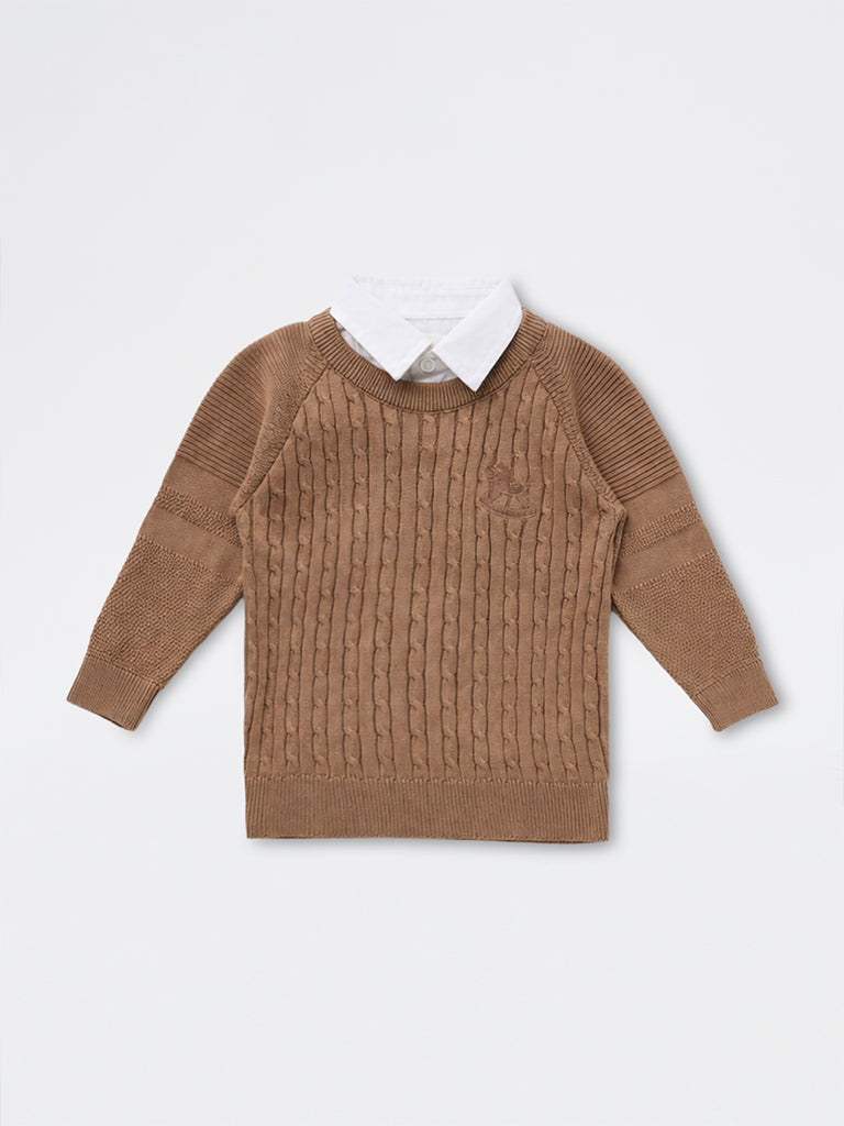 HOP Baby Boys Brown Cable-Knit Cotton Sweater