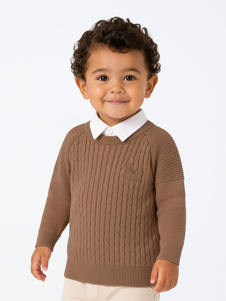 HOP Baby Boys Brown Cable-Knit Cotton Sweater