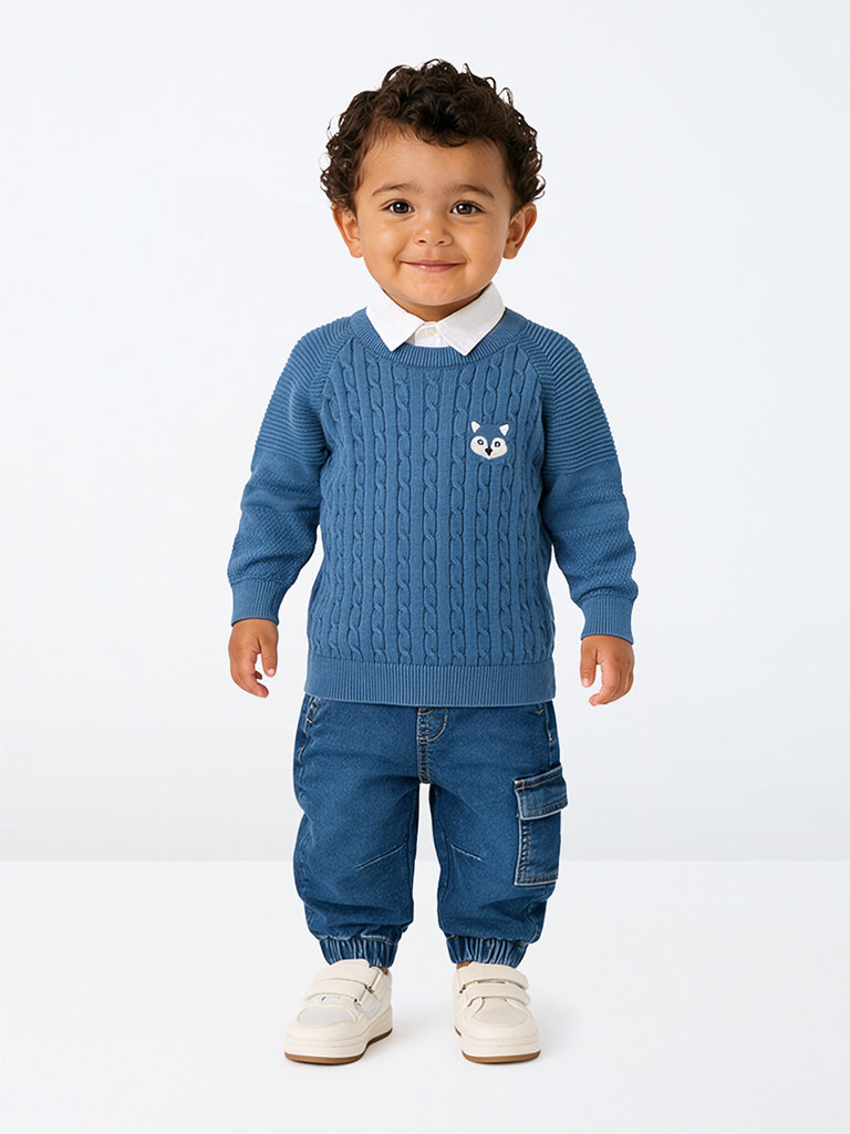 HOP Baby Boys Blue Cable-Knit Cotton Sweater