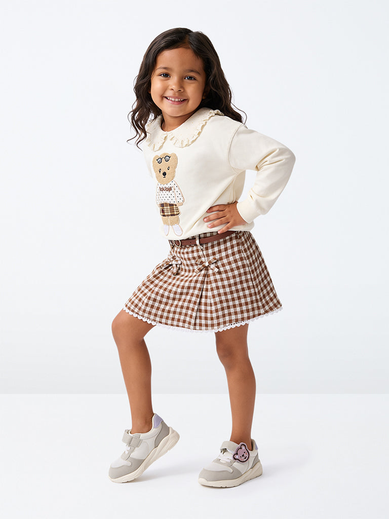 HOP Kids Girls Brown Gingham Checkered Cotton High-Rise Skirt with Belt