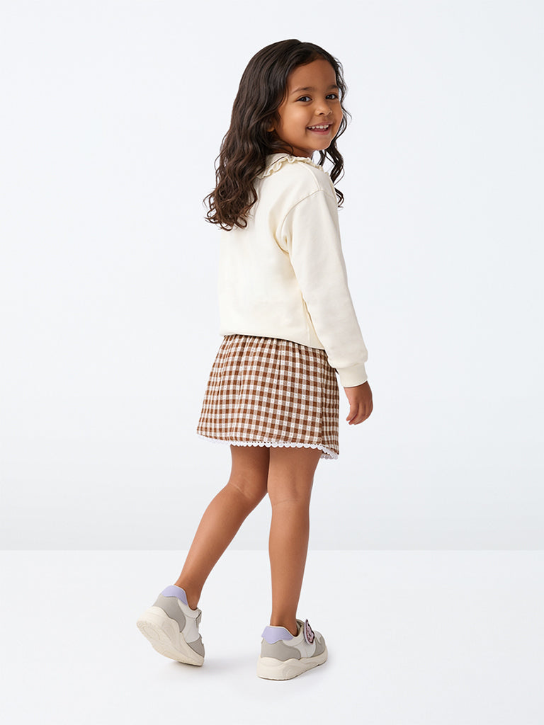 HOP Kids Girls Brown Gingham Checkered Cotton High-Rise Skirt with Belt