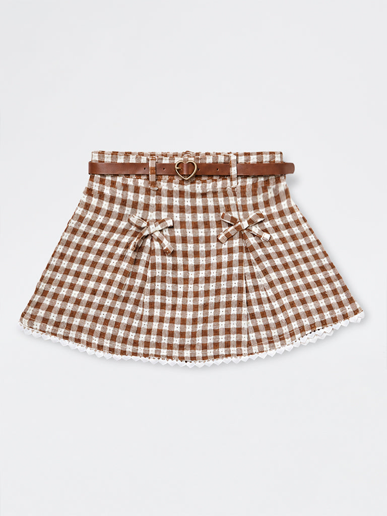 HOP Kids Girls Brown Gingham Checkered Cotton High-Rise Skirt with Belt