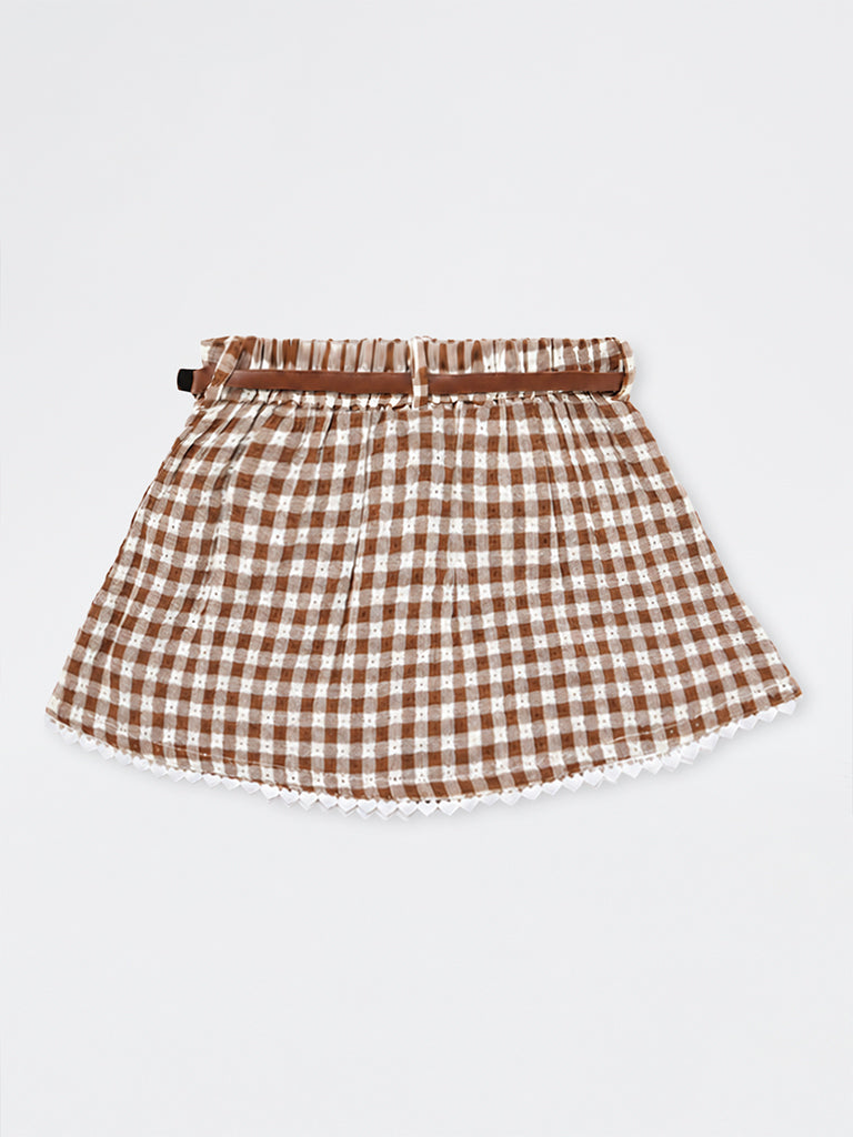 HOP Kids Girls Brown Gingham Checkered Cotton High-Rise Skirt with Belt