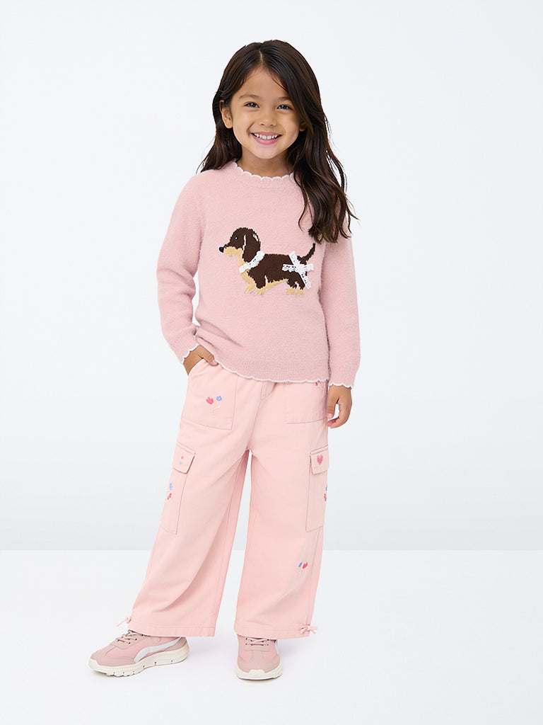 HOP Kids Girls Pink Floral Embroidered High-Rise Cotton-Blend Pants