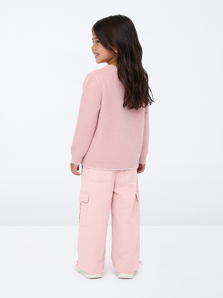 HOP Kids Girls Pink Floral Embroidered High-Rise Cotton-Blend Pants